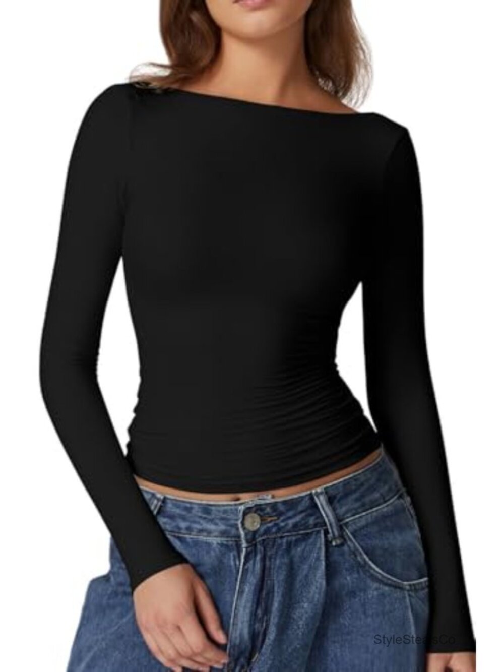 Women's Open Back Long Sleeve High Neck Fitted Tee - Clubwear Going Out Top